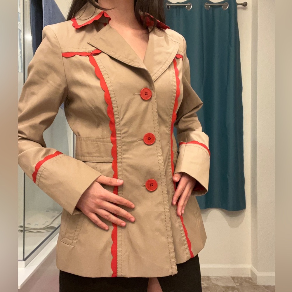 Beige Coat w/ Red Scalloped Trimming